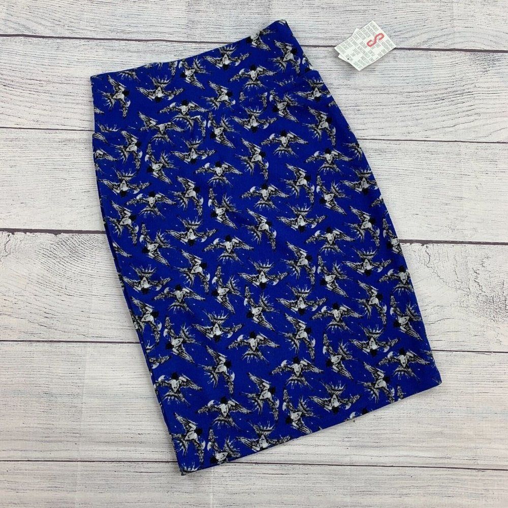 LuLaRoe Pencil Skirt sz S Stretch Cassie Style Blue New NWT Bird Pattern